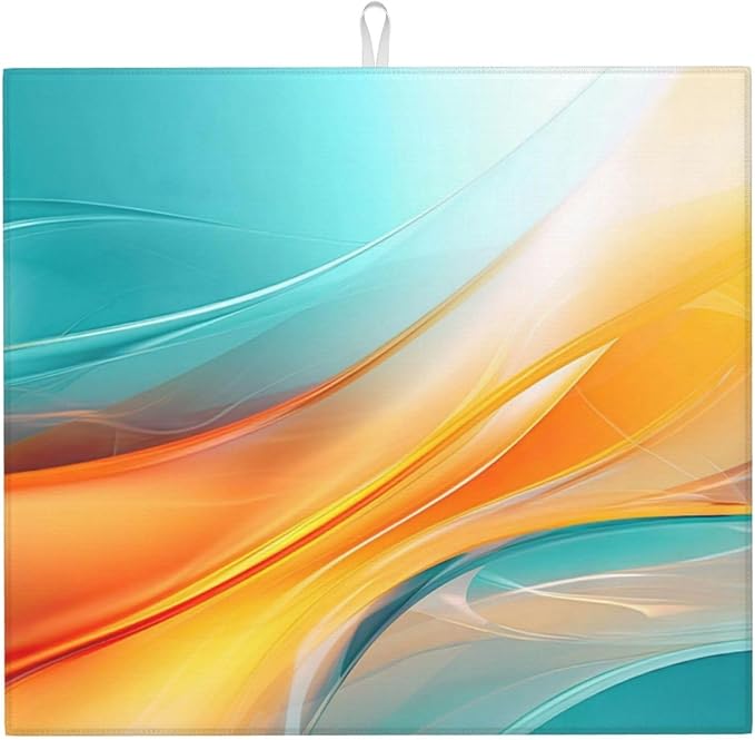 Teal Orange Geometric Wave Dish Drying Mat by Unknown