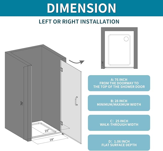 Framelss Single Swing Hinged Shower Door, 5/16" Tempered Glass - Image 3