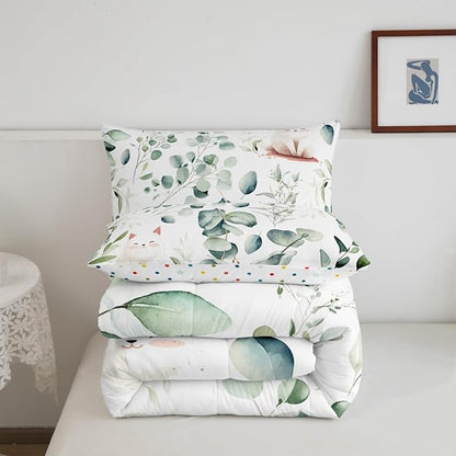 Erosebridal Kawaii Cat Bedding King Size for Boys Girls Cartoon Animal Comforter Set King, Eucalyptus Leaves Duvet Insert Pet Kitten Quilt Set, Tropical Botanical Plants Bedding Comforters & Sets