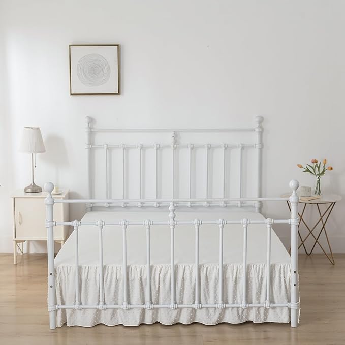 Tufted Dot Bed Skirt Full Size Ruffled Bed Skirt with Split Corners, 18 Inch Drop Dust Ruffle Bed Skirts with Platform, Ivory