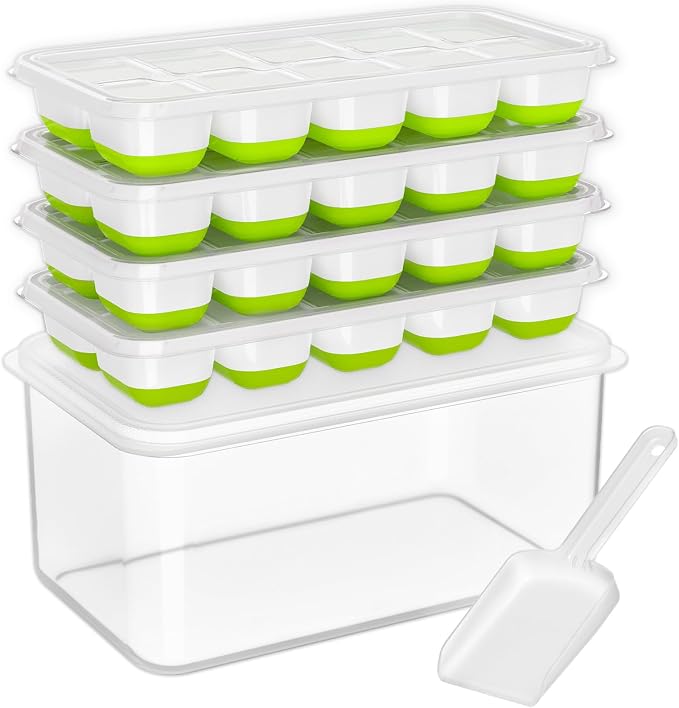 DOQAUS Ice Cube Tray with Lid and Bin, 4 Pack Silicone Plastic Ice Cubes Trays by DOQAUS