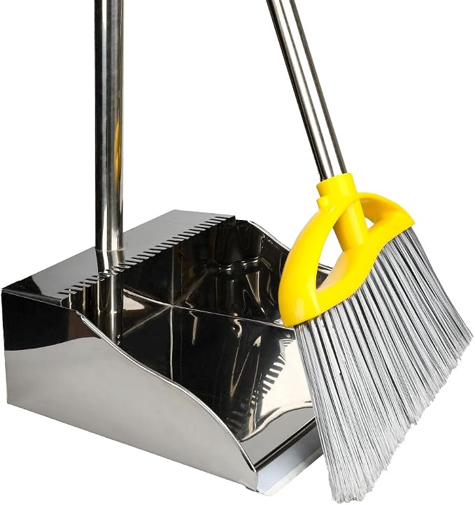 Stainless Steel Dustpan with Outdoor Stiff Bristles Broom, Long Handle Metal by Gloffer