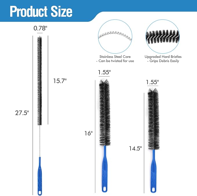3PCS Drain Brush Set with Refrigerator Coil Cleaning Brush, Bathroom Drains - Image 2