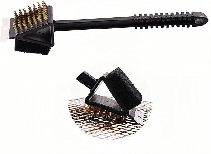 3-in-1 Grill Brush with Scraper & Scrub Pad, 14.5" Long Handle Brass Brush by BUBBLE-FLY