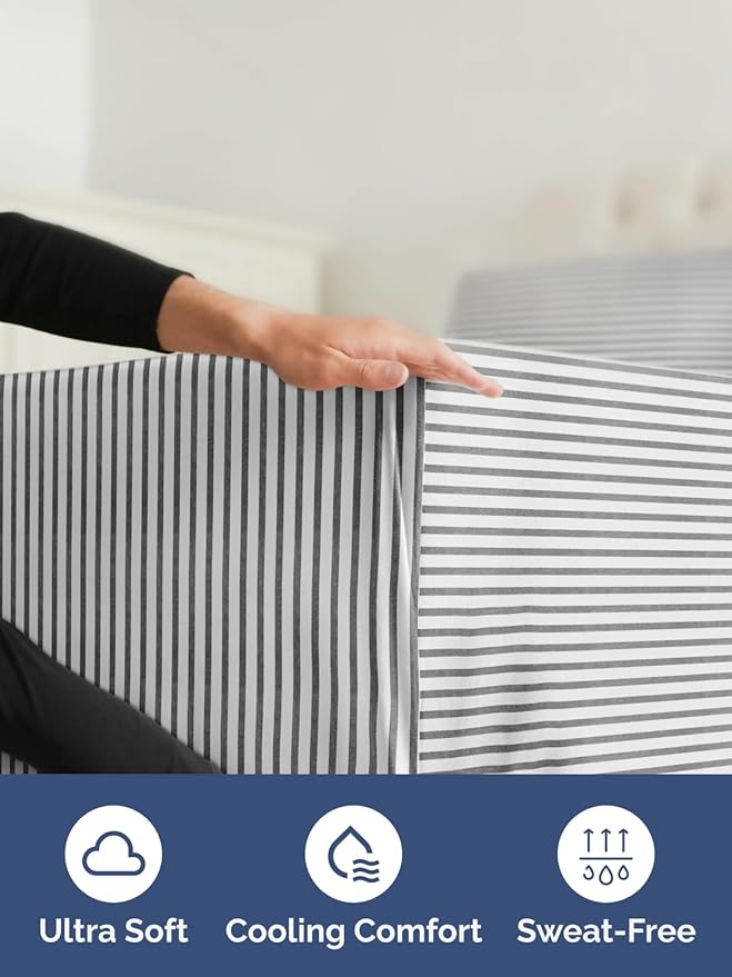 Extra Deep King Fitted Sheet - Hotel Luxury Single Fitted Sheet Only - Easily Fits 18 inch to 24 inch Mattress - Ultra Soft, Wrinkle Free with Extra Deep Pockets - Breathable & Comfy - Grey Stripes