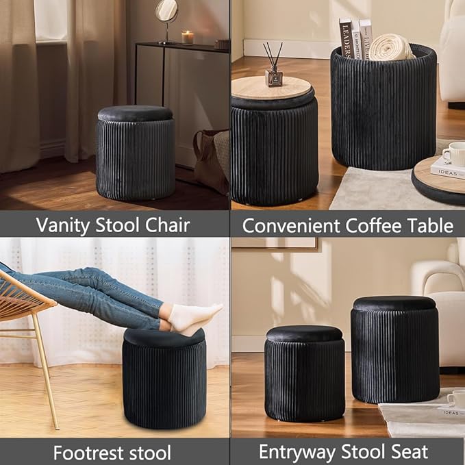 Round Set of 2 Ottoman with Storage-Upholstered Velvet Vanity Stool - Image 5