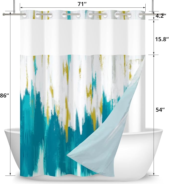 No Hook Shower Curtain with Snap in Liner, Hotel Style Teal Blue White Gold - Image 6