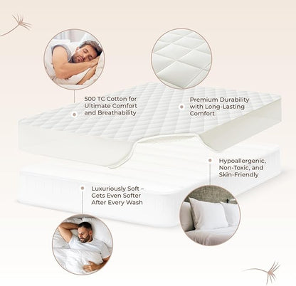 100% Cotton Organic Mattress Pad - Luxury Quilted Mattress Topper Protector Plush & Breathable Machine Washable Design - Fairtrade & GOTS Certified Premium 400GSM Thick with Deep Pocket (Queen)