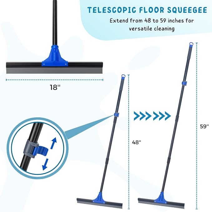 Floor Squeegee with Telescopic Long Handle 59'', Heavy Duty 18" Rubber Wiper - Image 3