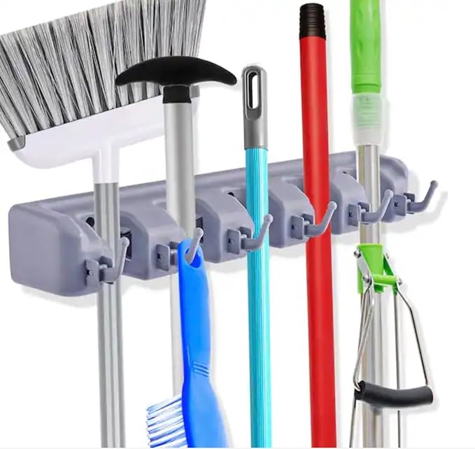 Wall Mounted Broom and Mop Holder, 16 Inch Plastic Organizer, 6 Foldable Hooks - Image 2
