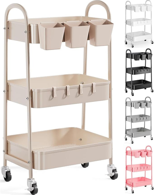 3 Tier Khaki Metal Utility Rolling Cart, Storage Cart by Recximi