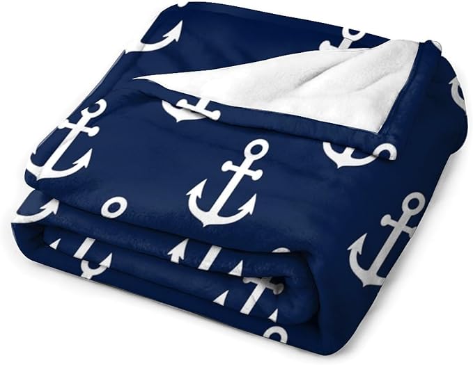 Anchor Blanket Vintage Rustic Ocean Nautical Style Navy Blue White Soft Cozy Lightweight Throw Blanket for Kids Girls Boys Women Men Bedroom Living Room Dorm Chair Sofa Travel 60x80in