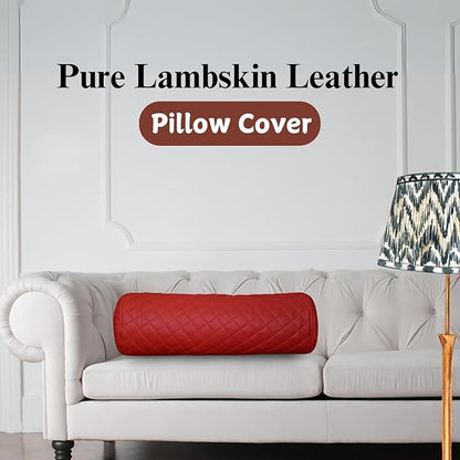 Neck Roll Pillow Cushion Cover, 24x7 Inch Full Moon Round Bolster Pillow Case, Cylinder Soft Lambskin Leather Pillowcase for Head, Spine & Neck Support During Sleep - Quilted Cherry Red Pack of 1