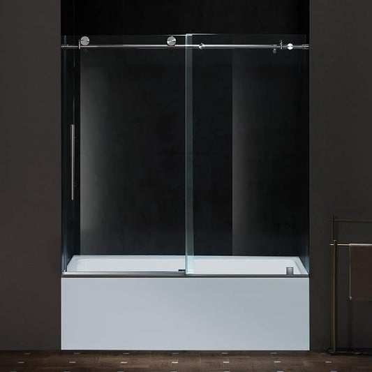 Woodbridge Frameless Single Sliding Shower Doors in Brushed Nickel Finish by WOODBRIDGE