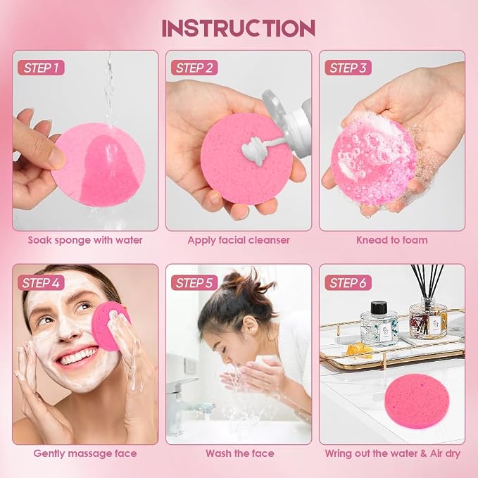 AIDEA 96Count Compressed Facial Sponges Pink, Round Face Sponges - Image 3