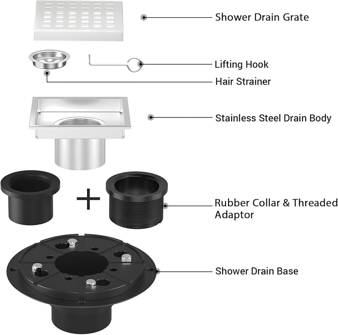 4-3/8 Inch Square Shower Floor Drain Brushed Stainless Steel Drain Kit - Image 4
