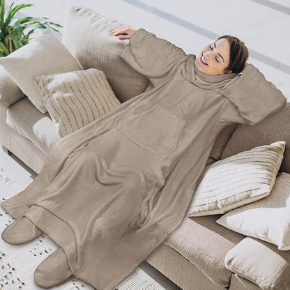 PAVILIA Fleece Blanket with Sleeves, Foot Pockets for Women Men Adults, Plush Wearable Blanket Throw Wrap, Warm Snuggle Blanket Robe, Cozy Gift Ideas Wife Mom, Taupe Beige