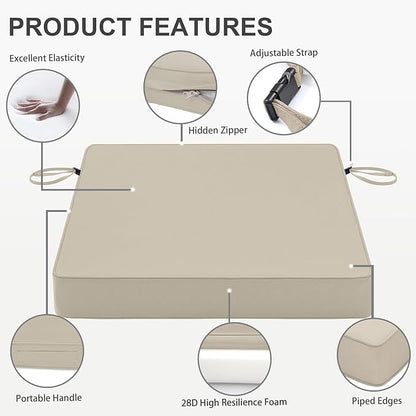 Favoyard Patio Chair Cushions 18.5 x 16 x 3 Inch Waterproof Outdoor Seat Cushions for Patio Furniture 3-Year Color Fastness Garden Sofa Couch Chair Pads with Handle & Adjustable Straps Set of 2, Beige