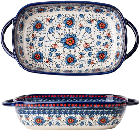 Blue and Orange Flower Vintage Style Ceramic Bakeware Casserole Dish Baking Pan by Bicuzat