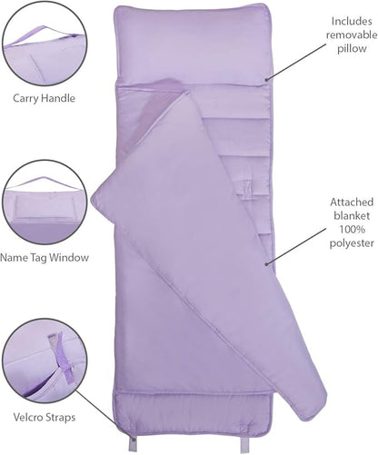 EVERYDAY KIDS Nap Mat with Removable Pillow - Lavender - Carry Handle with Straps Closure, Rollup Design, Soft Microfiber for Preschool, Daycare, Travel Sleeping Bag - Ages 3-6 Years