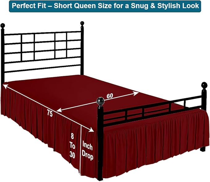 Shreem Linen Ruffled Bed Skirt with Split Corners, Gathered Style, 100% Microfiber, 15-Inch Drop, Dust Ruffle Bedskirt with Platform, Short Queen, Burgundy