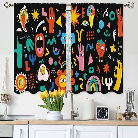 Cartoon Retro Symbol Kitchen Curtains Funny Crazy Abstract Shapes Hipster Music by Unknown