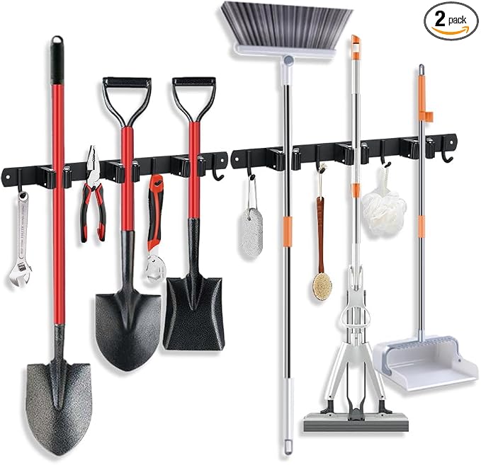2 Pack Broom Hanger and Mop Holder, Heavy Duty Garden Tool Organizer Rack Rake by JAMEND+CLXP