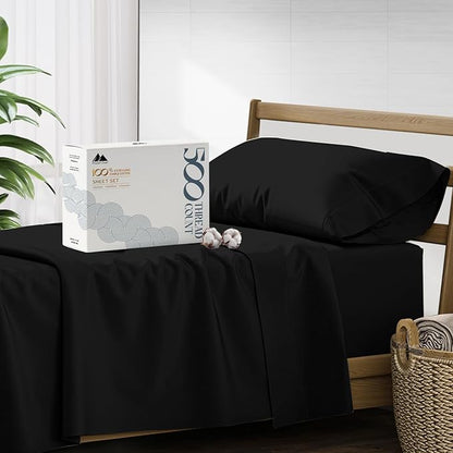 Mayfair Linen 500 Thread Count Twin Cotton Sheets - 3 PC Twin Size Bed Sheet Set Cotton (Black), Soft, Cooling, Sateen Hotel-Quality 16" Deep Pocket Bedsheet for Hot Sleepers (Fits 18" Mattress)