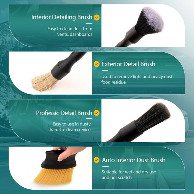 7PCS Car Detailing Brush Set, Ultra Soft Boars Hair Car Interior Detailing - Image 3
