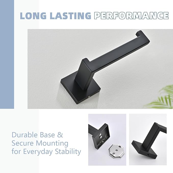 3PCS Bathroom Hardware Set, Matte Black Toilet Paper Holder, 2 Square Towel - Image 5