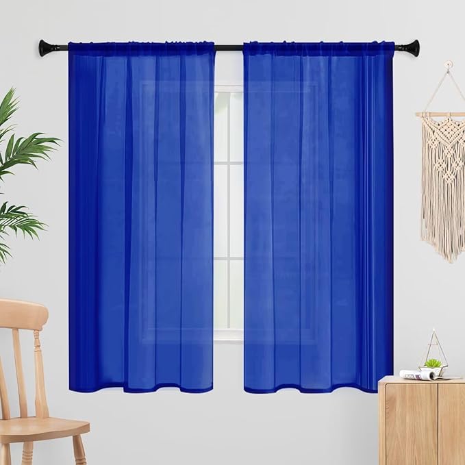 Sheer Curtains 63 Inches Long 2 Panels, Rod Pocket Short Curtain for Kitchen, Bedroom, Cafe Window(Blue Sapphire 38" W x 63" L)