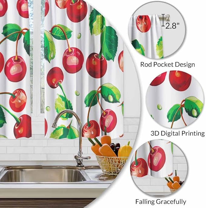Red Cherry Kitchen Curtains Sweet Ripe Fruit Fresh Juicy Berry Short Tier - Image 3