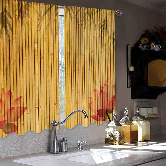 Bamboo Kitchen Curtains Pink Lotus Twigs Tree Branch Chinese Leaves Plants - Image 4
