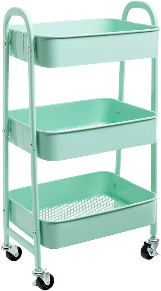 AGTEK Makeup Cart, Movable Rolling Organizer Cart, Macaron Blue 3 Tier Metal by AGTEK