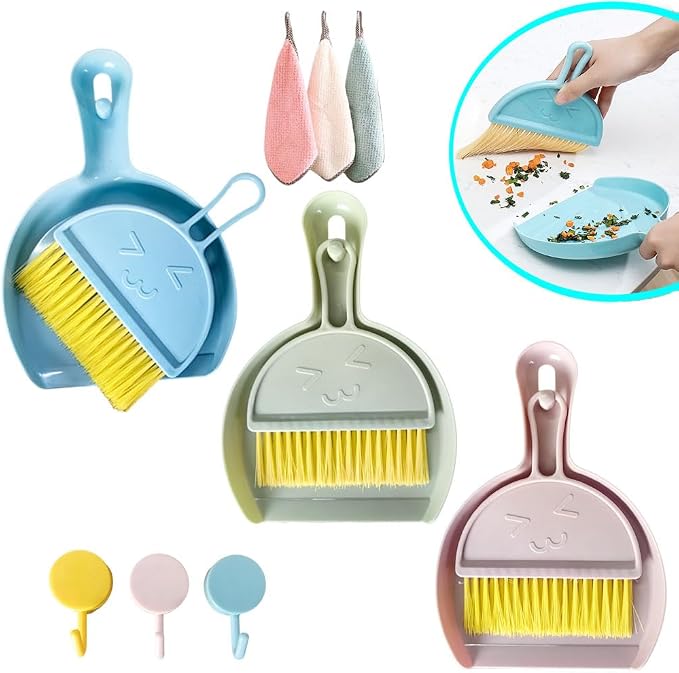 3 Pcs Mini Broom and Dustpan Set, Small Hand Broom and Dustpan Cleaning Cloths - Image 2