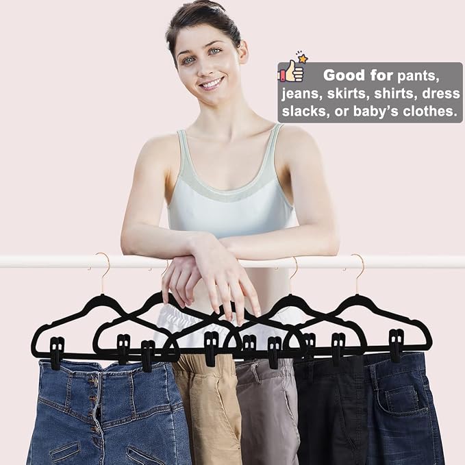 Black Velvet Hangers Clips 40 PCS, Pants Hangers Velvet Clips Easily Add to - Image 3