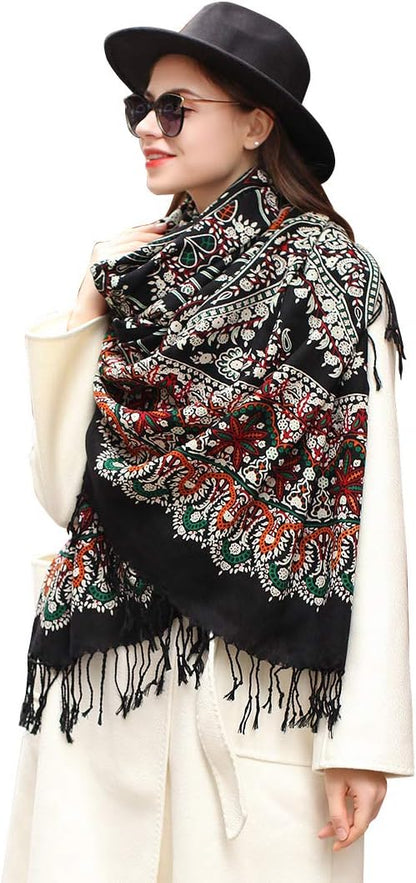 DANA XU 100% Merino Wool Extra Large Pashmina Blanket Travel Scarf Cashmere Wrap for Women Fall Winter Oversize Shawl Floral