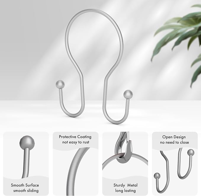 AmazerBath Silver Shower Curtain Hooks, Shower Curtain Rings, Simple Double - Image 2