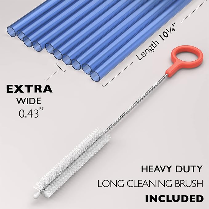 10 EXTRA WIDE Long Reusable Hard Plastic Drinking Straws + Cleaning Brush - Image 2