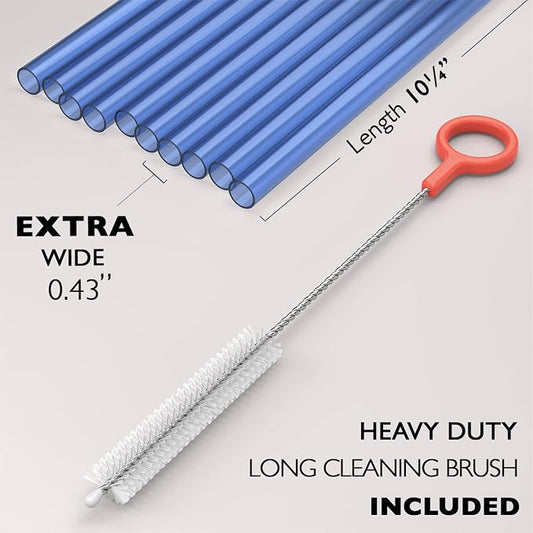 10 EXTRA WIDE Long Reusable Hard Plastic Drinking Straws + Cleaning Brush - Image 2