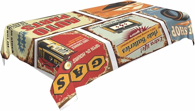 Vintage Car Tin Signs Table Linens 52x70 Old Rusty Posters Retro Auto Service by Unknown