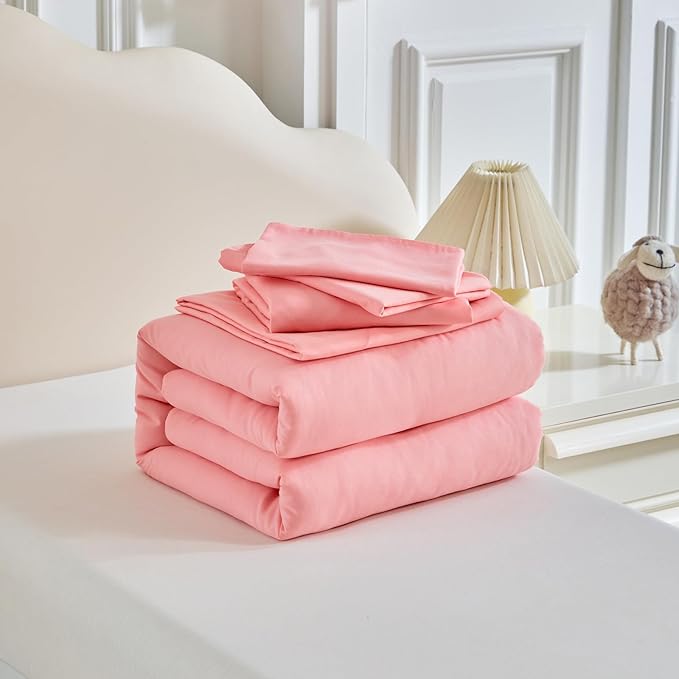 Toddler Bedding Set - 5 Piece Soft and Breathable Toddler Bed Set for Boys and Girls, Includes Quilted Comforter, Fitted Sheet, Flat Top Sheet, Standard Pillowcase and Toddler Pillowcase, Pink