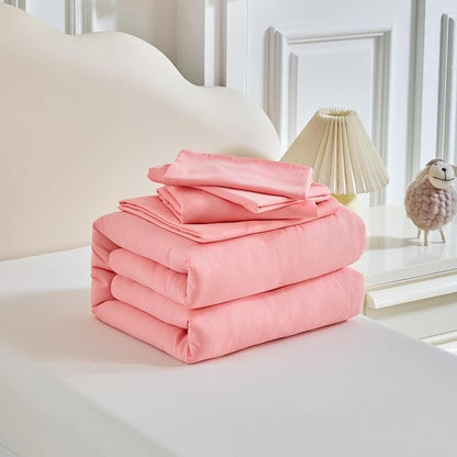 Toddler Bedding Set - 5 Piece Soft and Breathable Toddler Bed Set for Boys and Girls, Includes Quilted Comforter, Fitted Sheet, Flat Top Sheet, Standard Pillowcase and Toddler Pillowcase, Pink