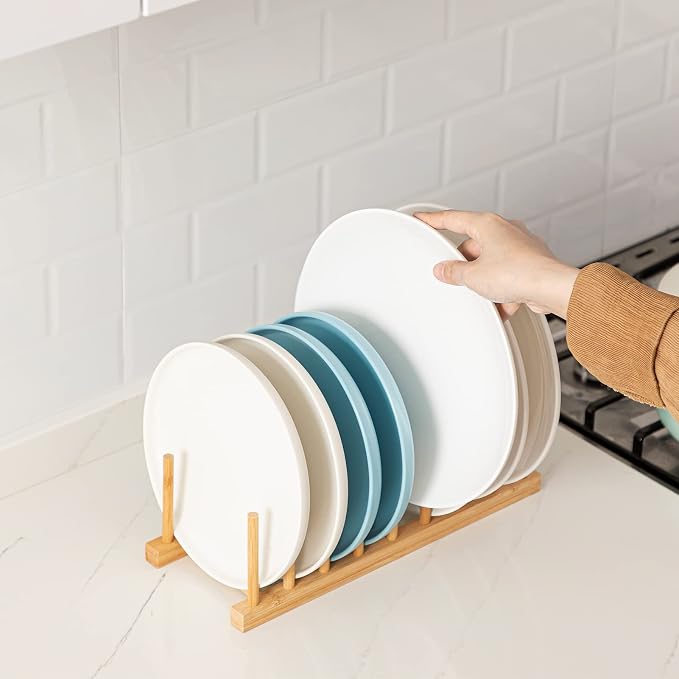 HBlife 4pcs Bamboo Dish Plate Bowl Cup Book Pot Lid Cutting Board Drying Rack - Image 4