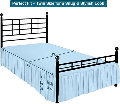 Shreem Linen Ruffled Bed Skirt with Split Corners, Gathered Style, 100% Microfiber, 30-Inch Drop, Dust Ruffle Bedskirt with Platform, Twin, Light Blue