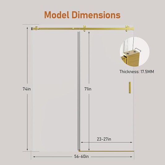 56-60 Inch Frameless Sliding Shower Door, 5/16" Clear Tempered Glass, Smooth - Image 2