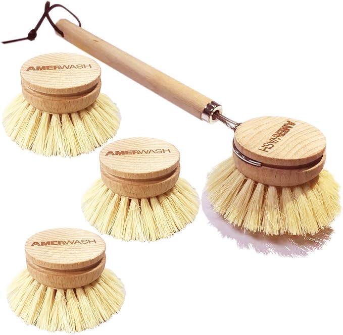 Dish Brush with Wooden Handle, Natural Kitchen Brush by AMERWASHPLUS