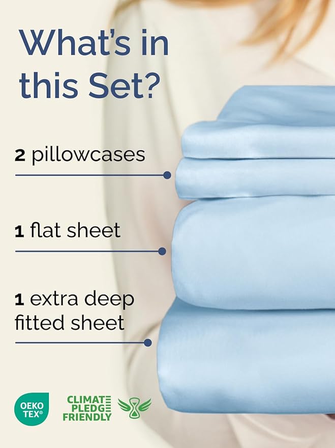 Extra Deep Pocket Queen Sheet Set - 4 Piece Breathable & Cooling Bed Sheets - Hotel Luxury Sheet Set - Soft, Wrinkle Free & Comfy - Easily Fits Extra Deep Mattresses - Deep Pocket Light Blue Sheets
