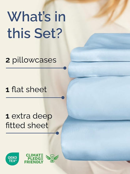 Extra Deep Pocket Queen Sheet Set - 4 Piece Breathable & Cooling Bed Sheets - Hotel Luxury Sheet Set - Soft, Wrinkle Free & Comfy - Easily Fits Extra Deep Mattresses - Deep Pocket Light Blue Sheets