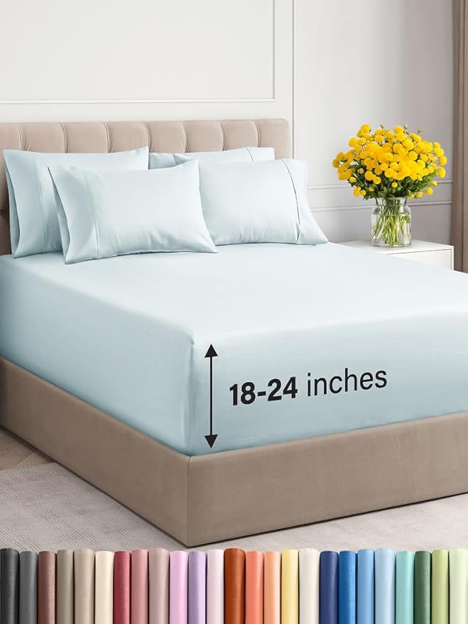 Extra Deep Full Sheet Set - 6 Piece Breathable & Cooling Sheets - Hotel Luxury Bed Sheets Set - Easy & Secure Fit - Soft, Wrinkle Free & Comfy Sheets Set - Ice Blue Sheet Set with Extra Deep Pockets